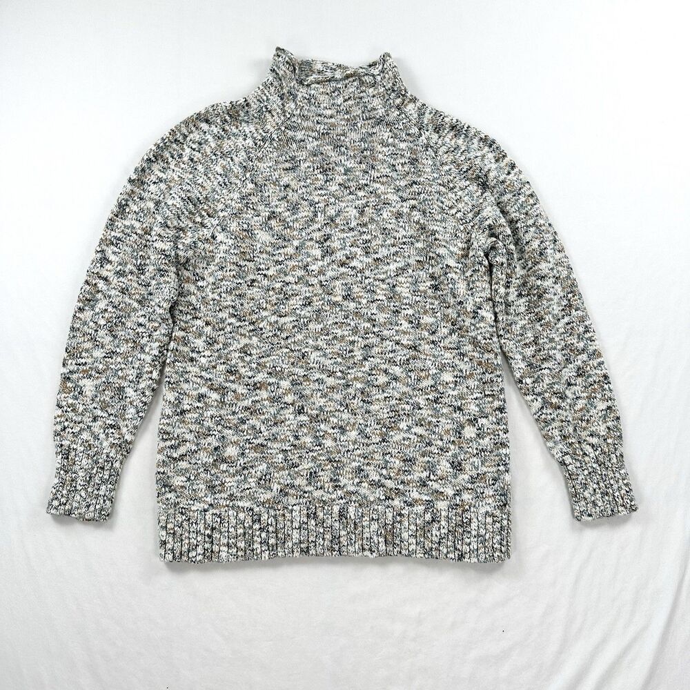 LL Bean Cotton Ragg Sweater Womens Medium Marled Gray Pullover Funnel Neck